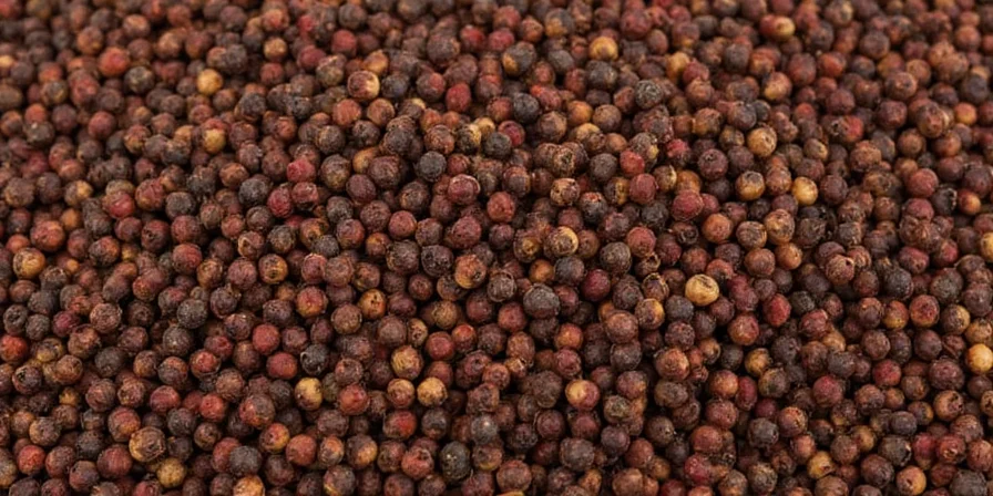 Schezwan peppercorns in a spice jar on a kitchen counter