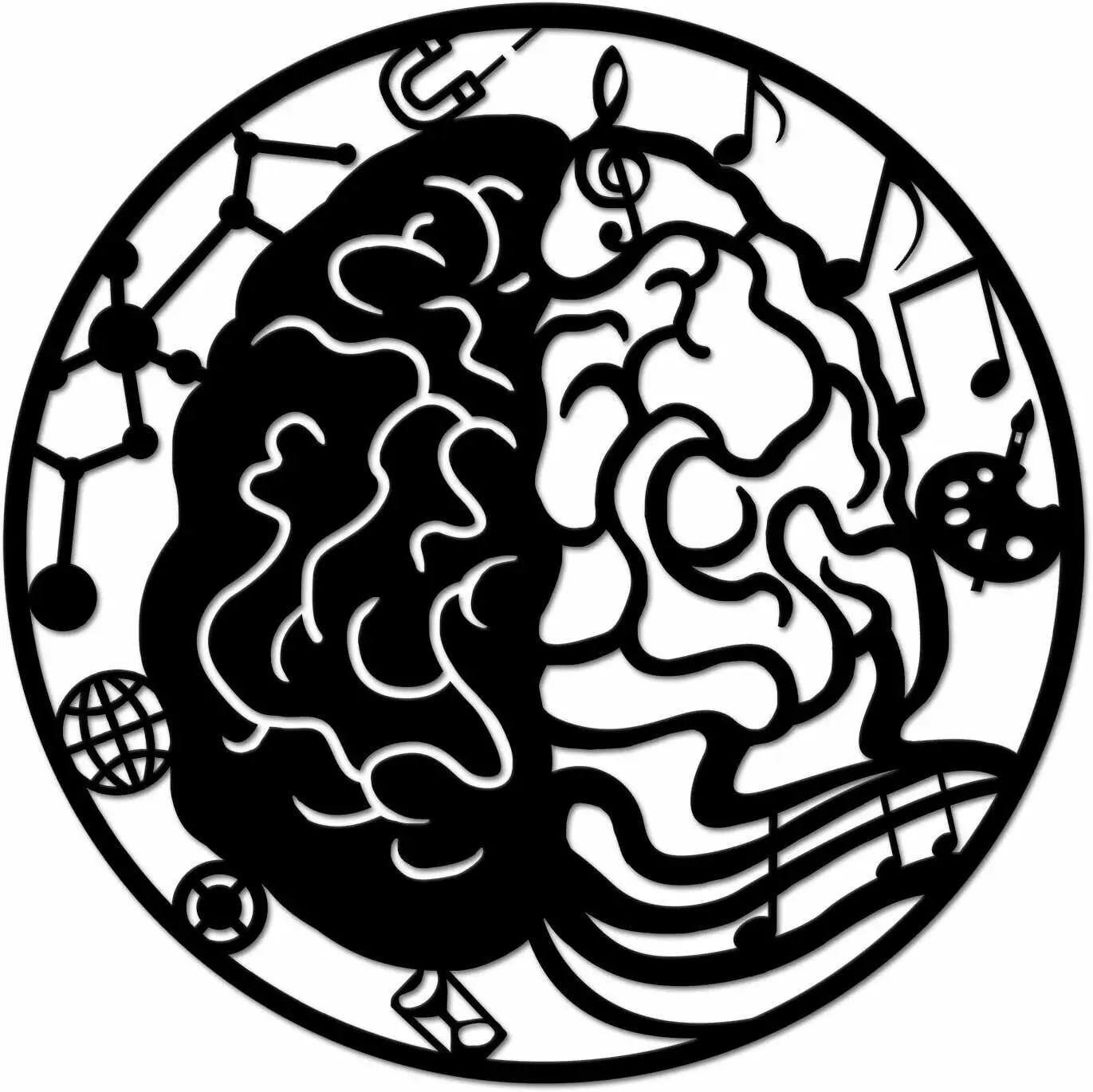 

Left and Right Brain Science Metal Wall Art Round 24" Black Iron Sculpture Decor