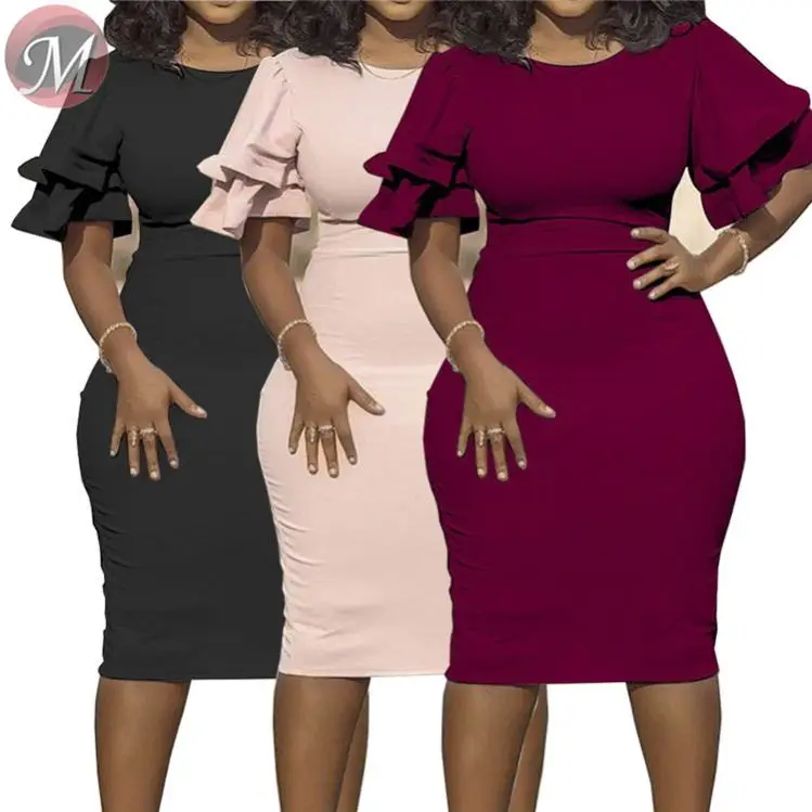 D911010 hot short ruffle sleeve solid bodycon casual 2019 Fashion Dress Plus Size Women Clothing