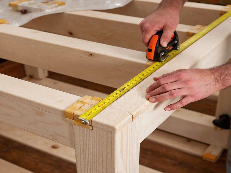 Assembling farmhouse table base with clamps and measuring tape