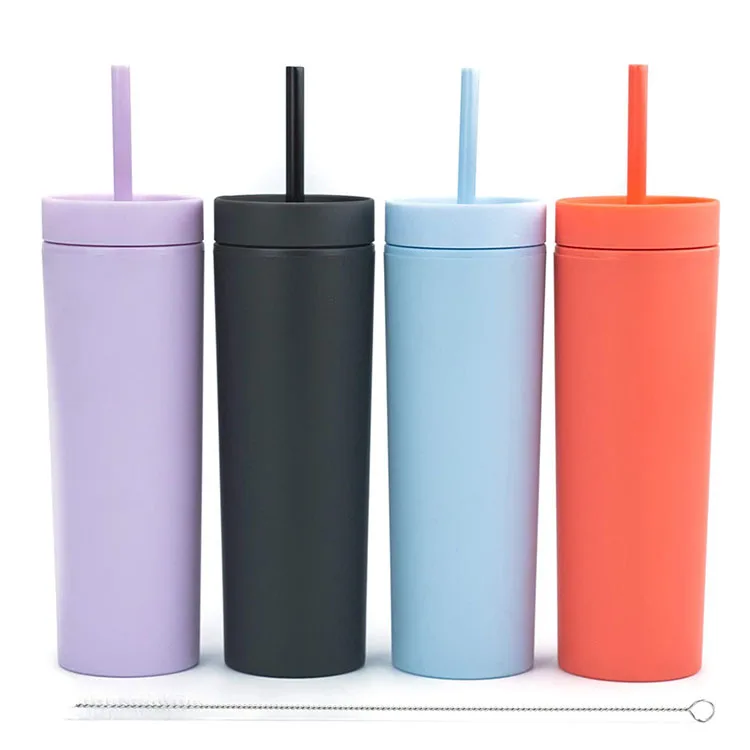 

16oz Drink Resuseable Hard Plastic Cold Cup Skinny Acrylic Tumbler With New Lid And Straw