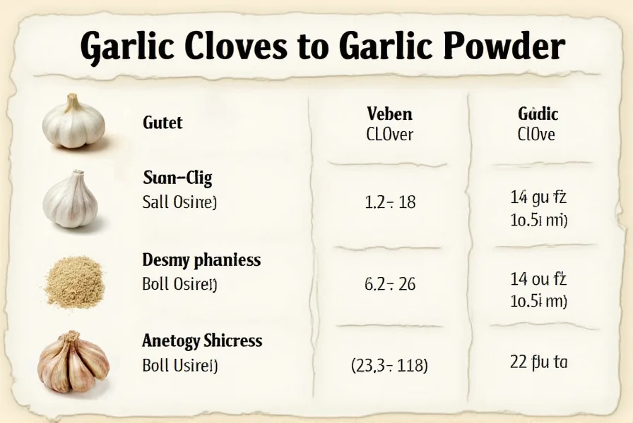 Close-up comparison of fresh garlic cloves next to measured garlic powder in teaspoon measurements showing conversion ratio