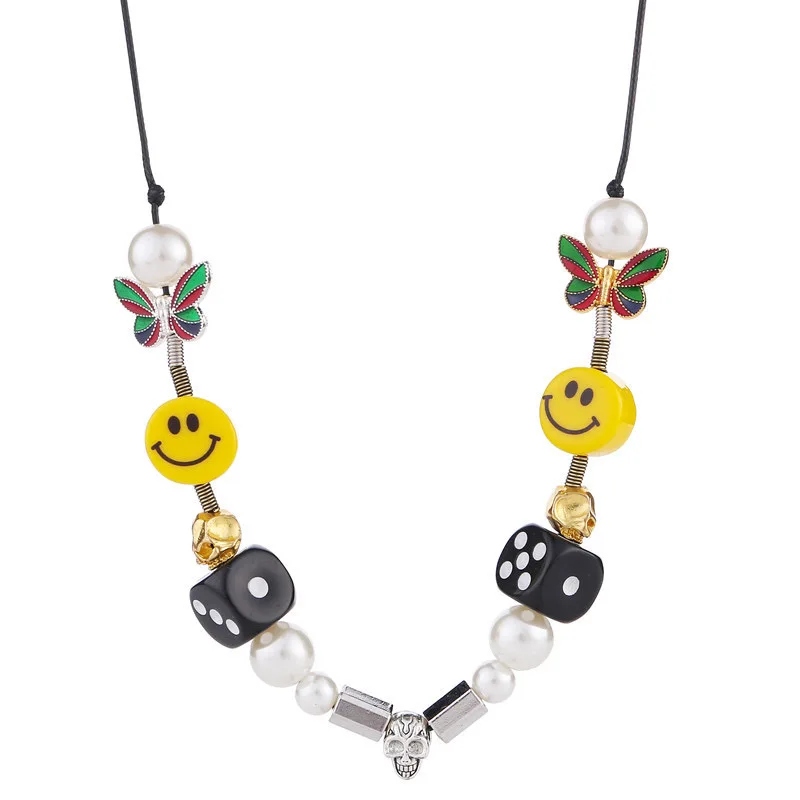 

Fashion Smiley Face Necklace Butterfly Dice Shape Pearl Chain Hip Hop Necklace for Women, Colorful