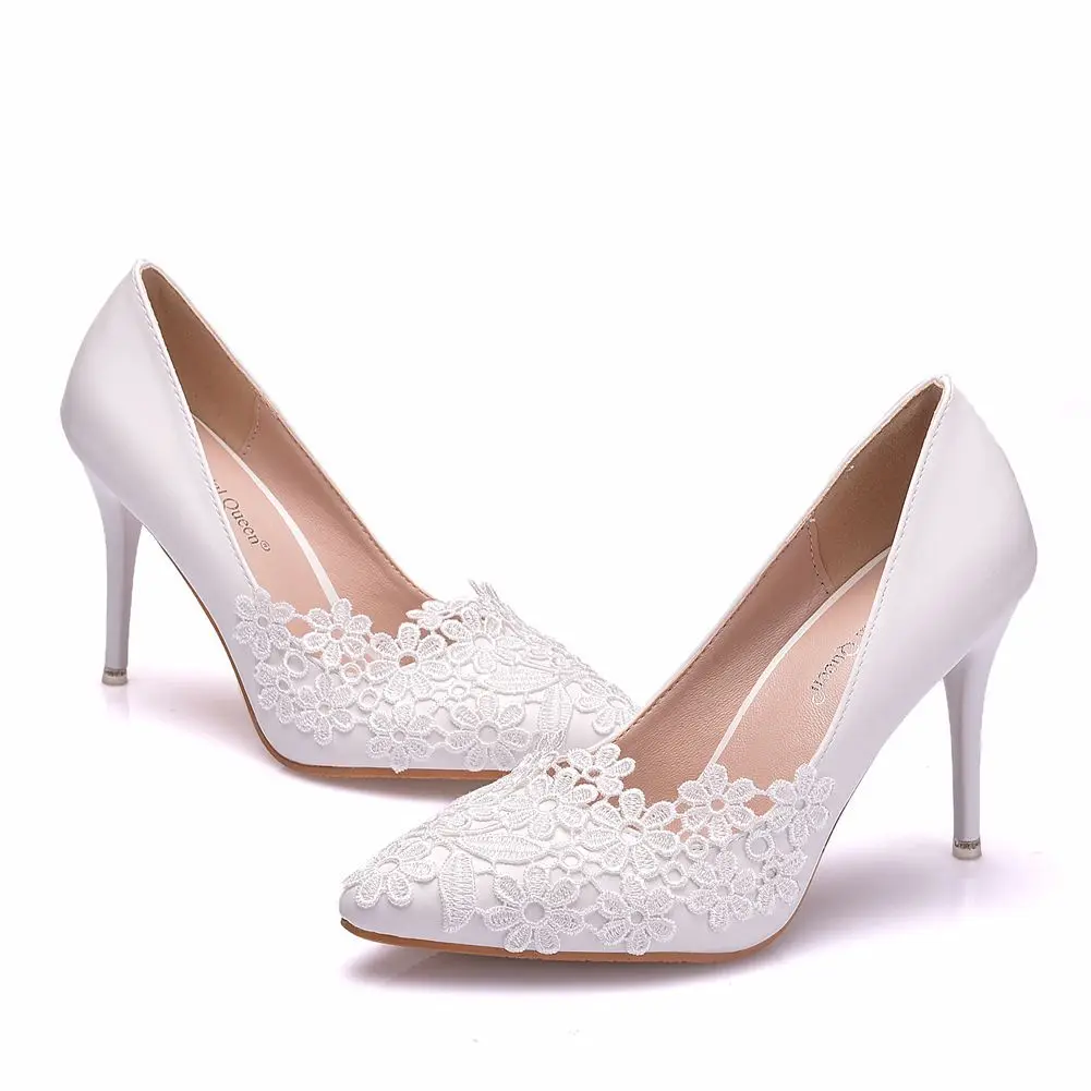 

S64 White different heel large size White pearl bridal lace wedding gowns women shoes 2021, As picture