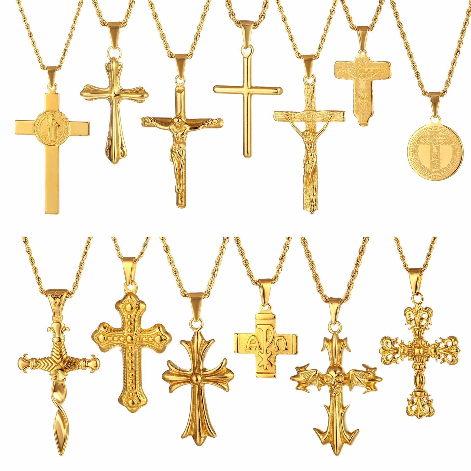 

Wholesale Religious Stainless Steel 18K Gold Plated Cubic Jesus Cross Necklace Crucifix Cross Chain for Men