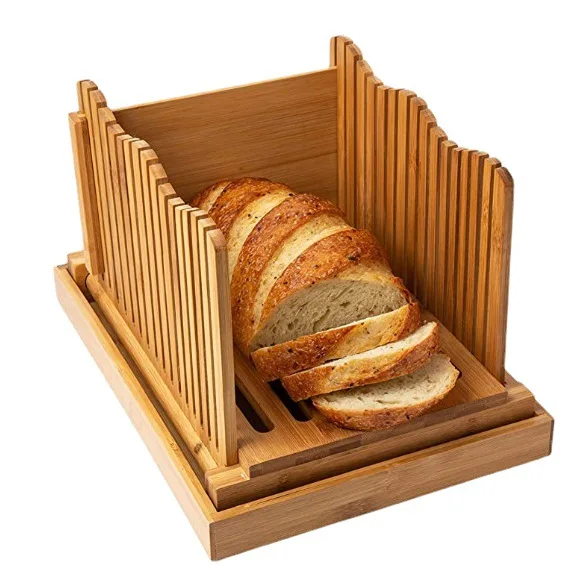 

Bamboo Bread Slicer Fold-able Wooden Bread Slicer with 3 Slicer Sizes Adjustable Slicing Guide for Homemade Bread Cakes Bagels