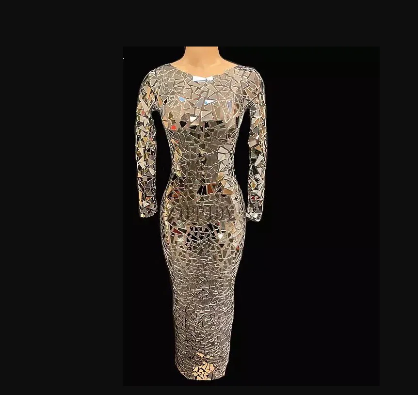 

Silver Long Mirror Dress Women Evening Prom Party Birthday Celebrate Outfit Skinny Dancer Costume