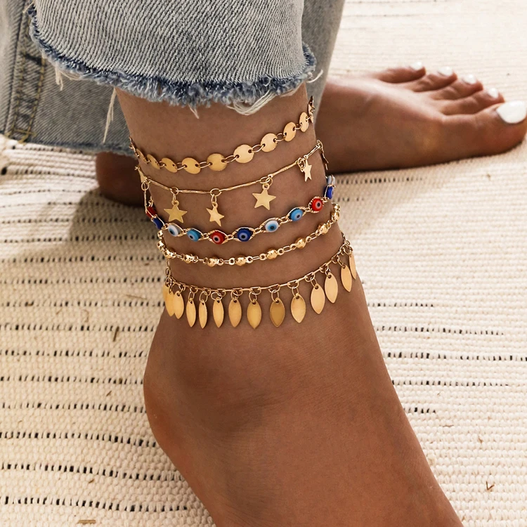 

Trendz N61812 hot new ankle bracelets foot jewelry set gold plated chain star turkish eye charm anklets for women, As picture