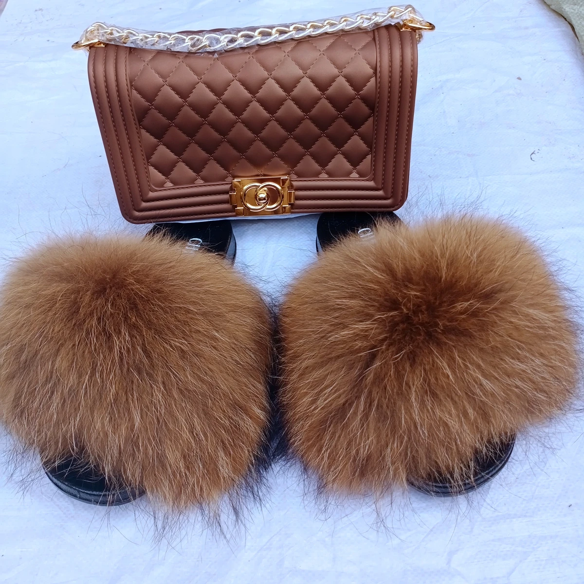 

Colorful customized purses with fox fur slippers set