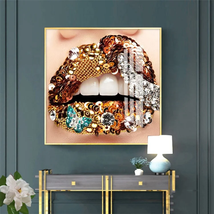 

Graffiti Street Pop Art sexy lips with diamonds Metal Framed Crystal Porcelain Paintings UV Acrylic Printed Home Decoration