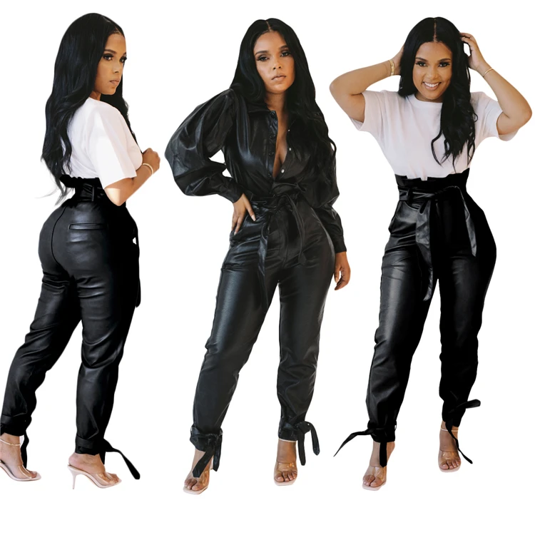 

D96273 Women's Apparel 2021 Fashion Women's Casual High Waist Lash Sexy PU Leather Pants