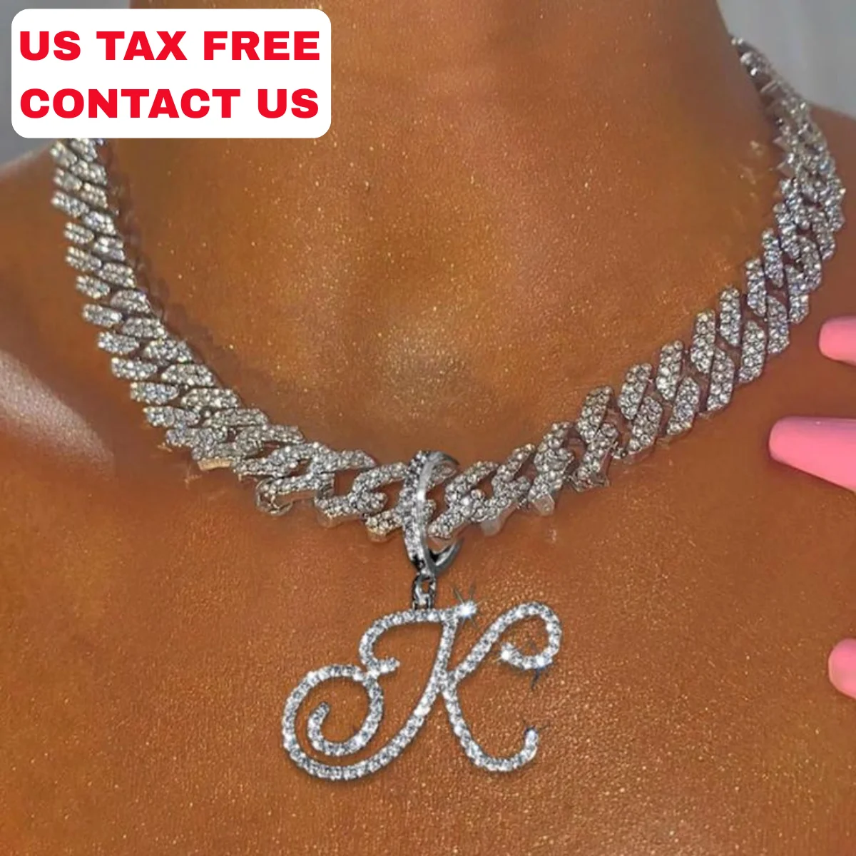 Zircon Cursive A-Z Single Letter Necklaces & Pendant for Men/Women Gold Silver Fashion Hip Hop Jewelry with 4mm Tennis Chain