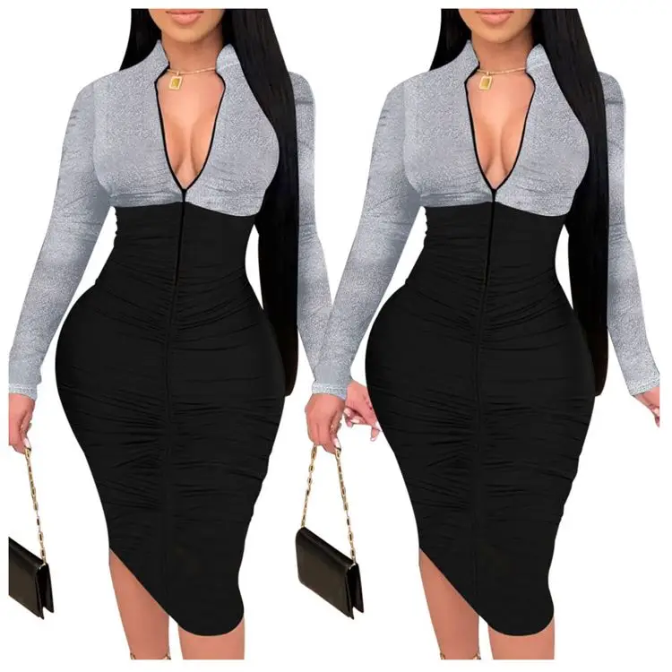 

Wholesale Womens Boutique Clothing Design Fashion V-Neck Contrast Color Casual Dress Girl Dresses Lady Elegant