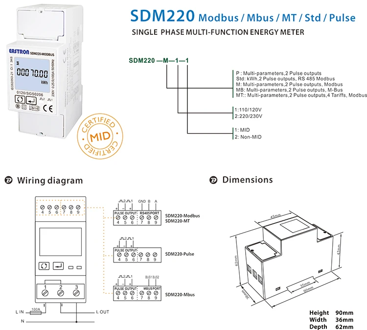 Eastron Sdm220-modbus Din Rail Modbus Single Phase Digital Smart Meter ...