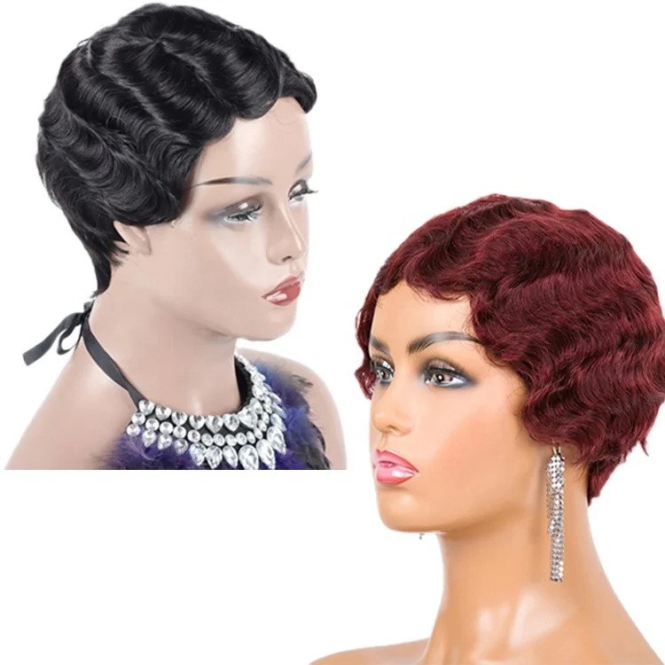 

Finger Wave None Lace Wigs Short Pixie Cut Water Hair Body Wave Human Hair Machine Made Wigs for Black Women