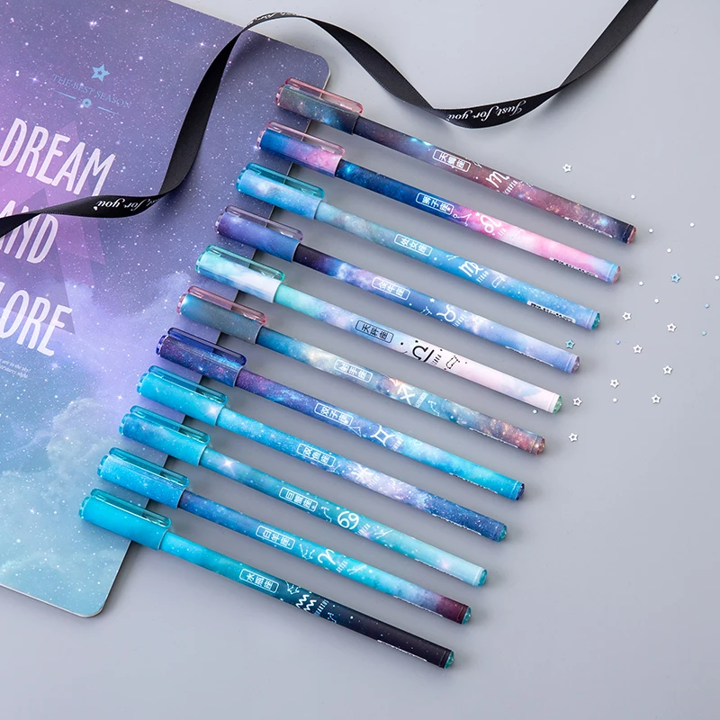 12 Colors Galaxy Starry Sky Design Gel Pens,Black Ink Roller Ball Pen