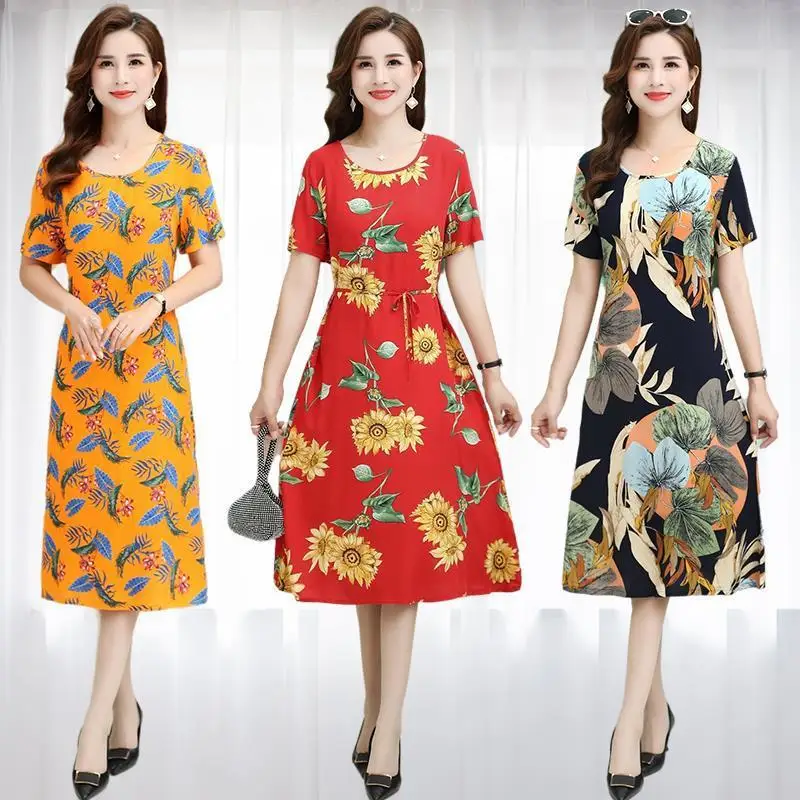 

loose temperament dress female summer mother print long skirt plus size women's dresses