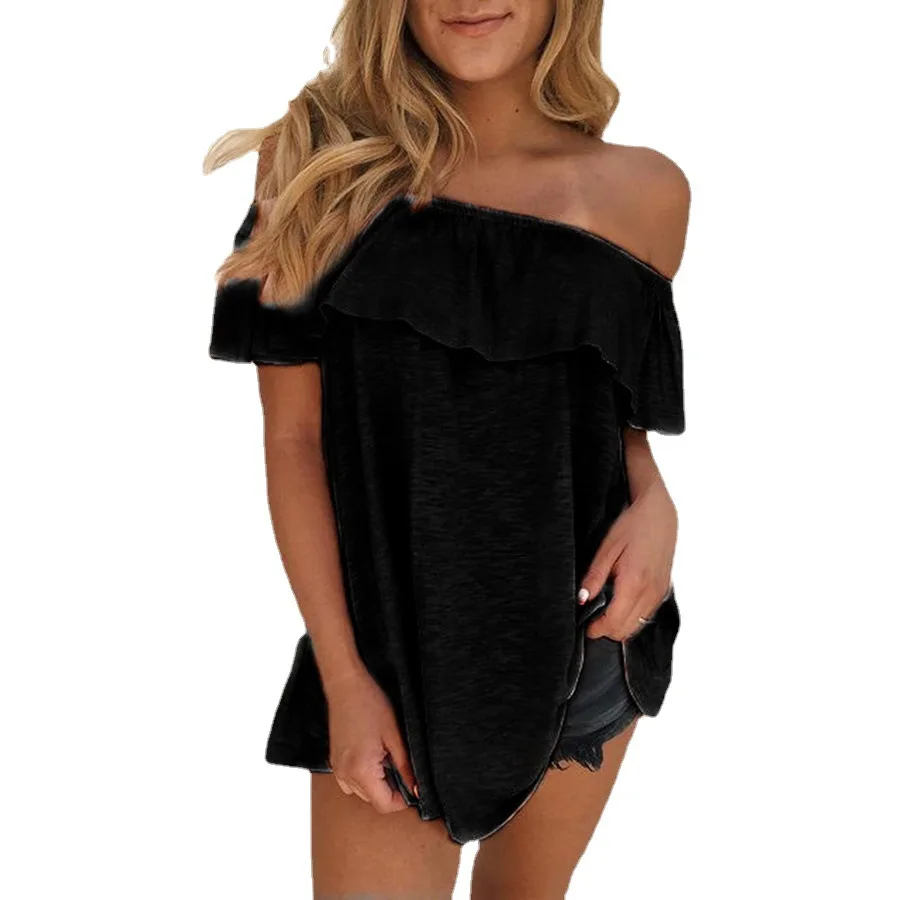 

2021summer women off-shoulder tshirts short sleeve solid tops t-shirt with lace