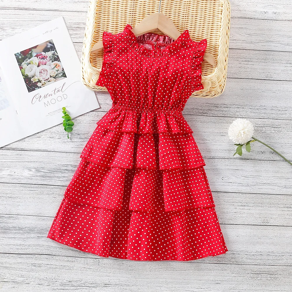 

Girls Dress Summer New Sleeveless Polka Dot Printed Cake Dress Sweet Toddler Kids Clothes