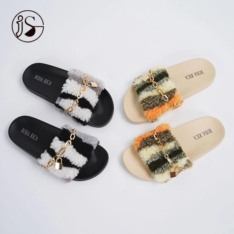 

Chain decoration women's plush women's sandals with surface non-slip warm women's slippers, Customized color