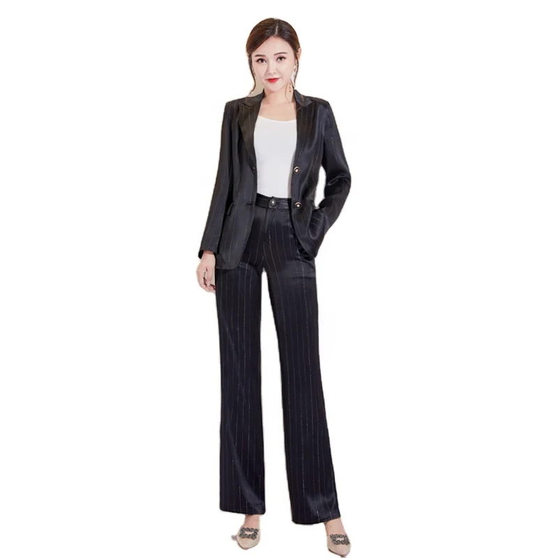 

Winter Fashion 2 Piece Set Satin Stripe Office Lady Jacket Blazer OL Women Loose Pants Suit