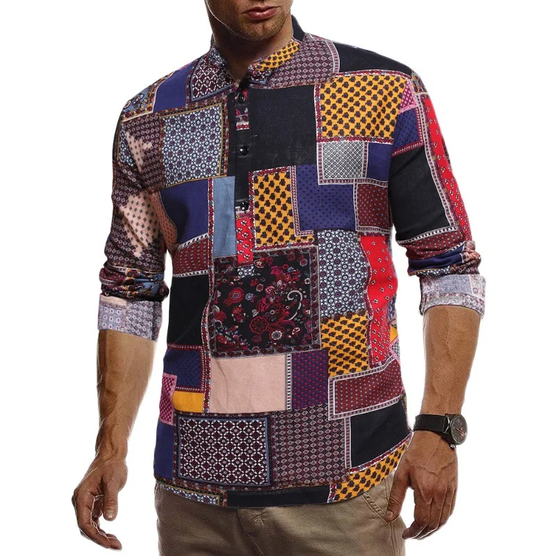 

New large size men's casual men's ethnic style floral stand collar long sleeve shirt men's shirt