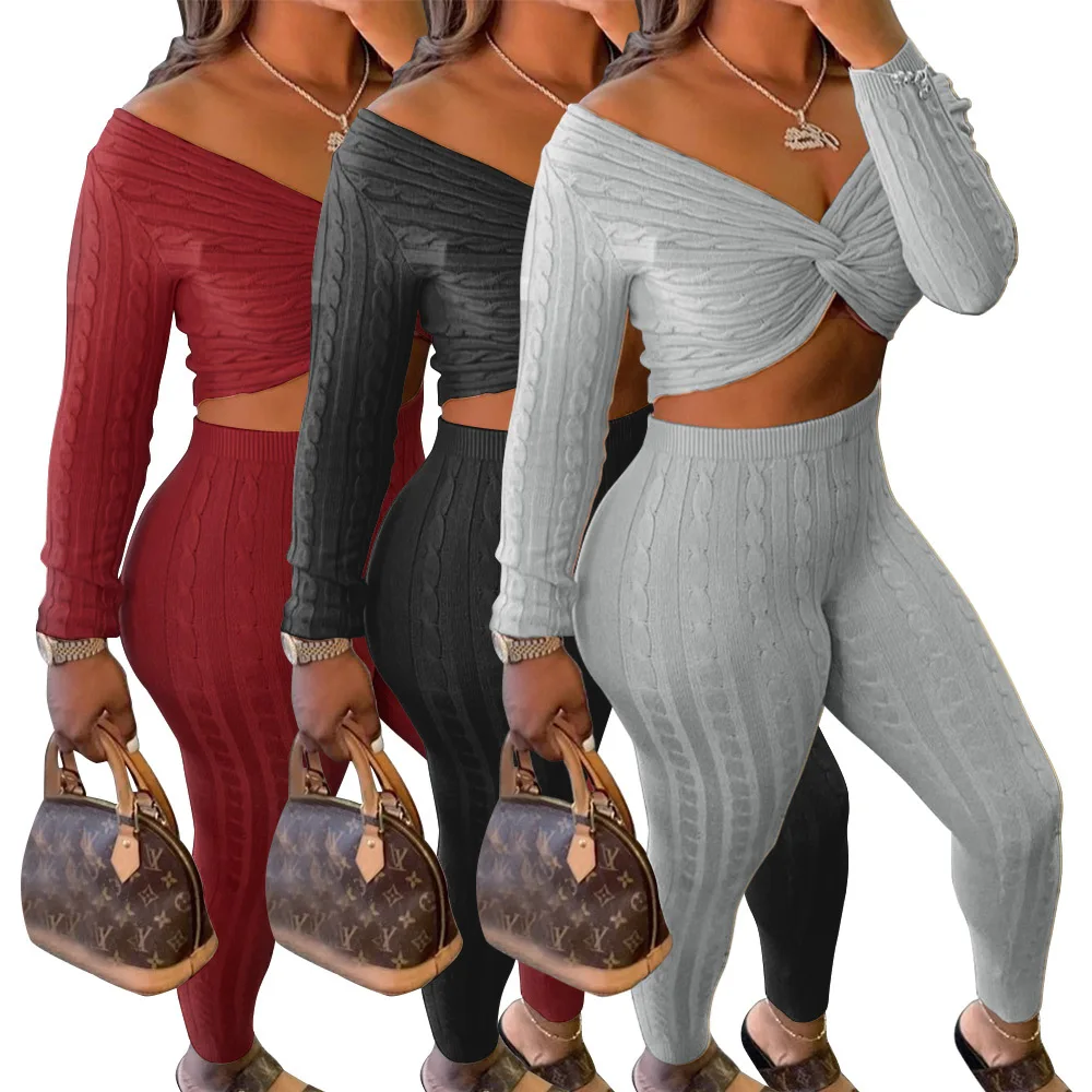 

2021 New Arrivals Sexy Off Shoulder Long Sleeve Women Two Piece Sweater Set For Girl
