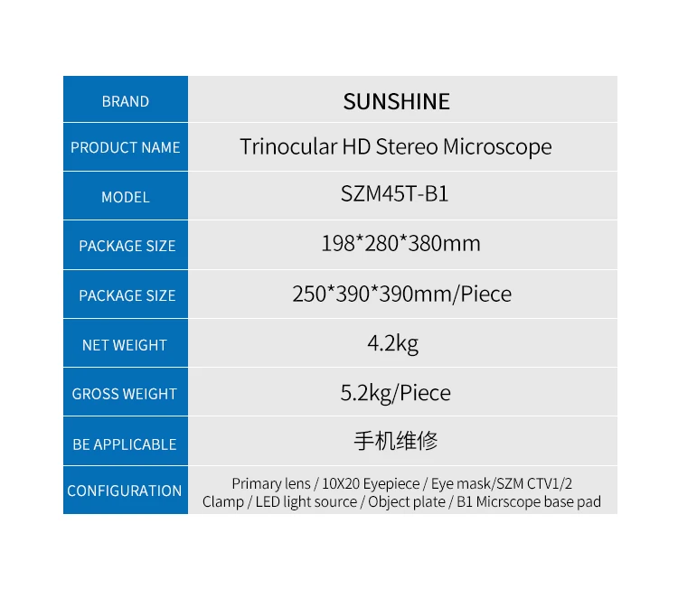 SUNSHINE Continuous Zoom Lens Trinocular Microscope SZM45T-B1