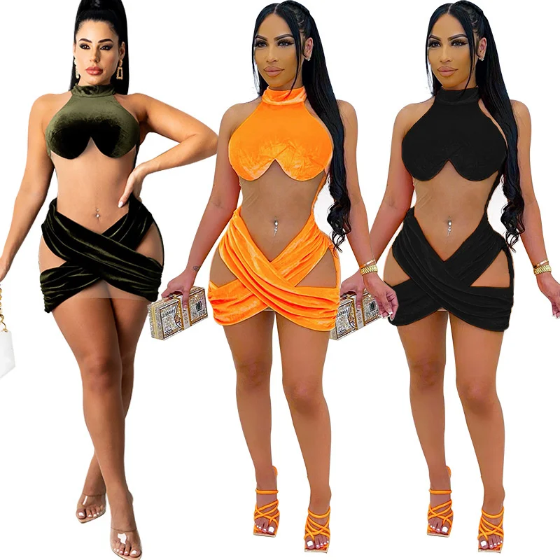 

Sexy Mesh See Through Clubwear Sleeveless Bodycon Hollow out Velvet Patchwork Mesh Dresses Breathable Velvet Dress Women, As picture