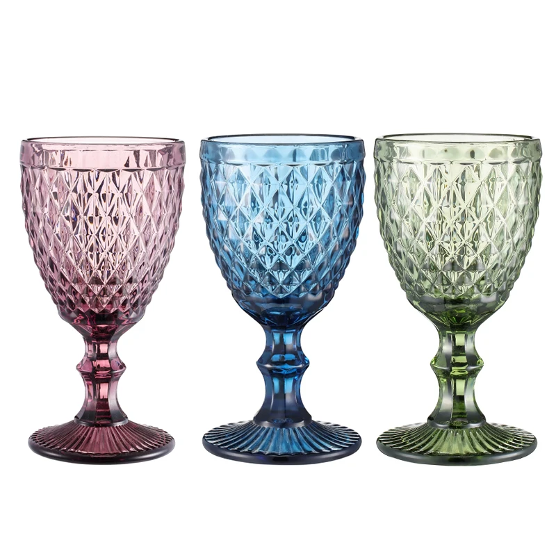 

China Glassware Wholesale Cheap Red Goblet Wine Glass Colored Vintage Embossed Water And Juice Glass Cup, Customized color acceptable