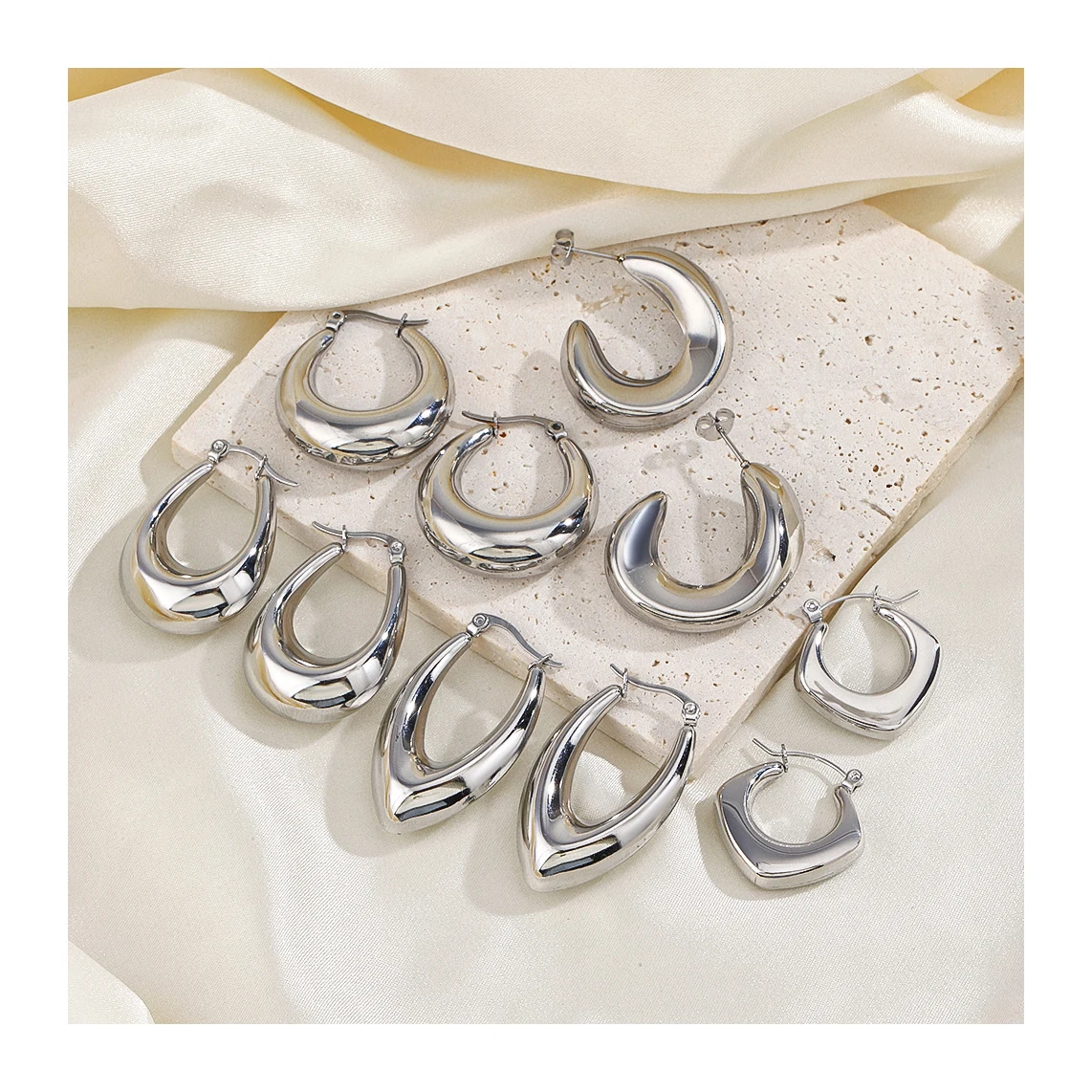 

ERESI Hypoallergenic Heart Geometric C Shape Fashion Earring Silver Plated 316L Stainless Steel Chunky Hollowed Hoop Earrings