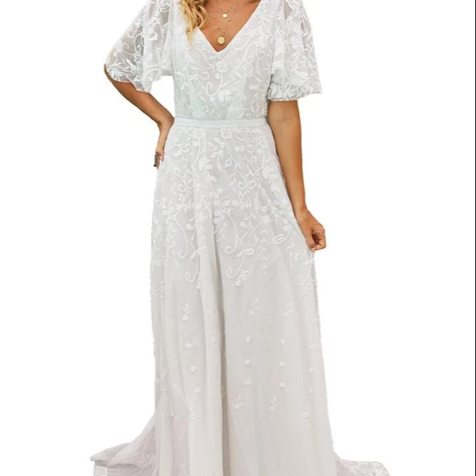 

New Style V Neck Lantern Ruffle Sleeve Women White Boho Lace Wedding Dresses