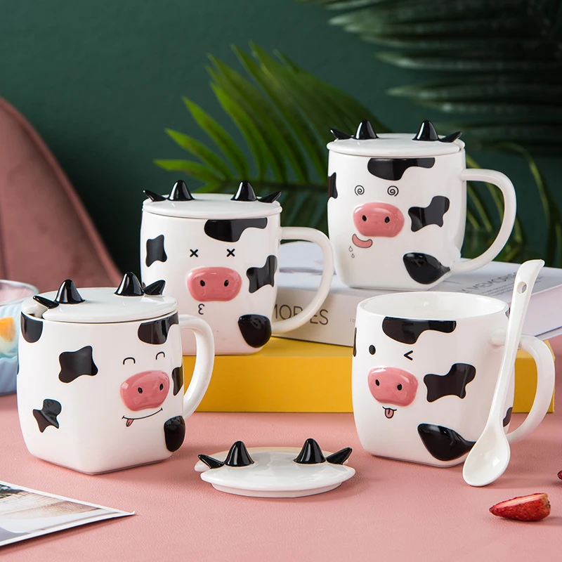 

Flypeak new design Korea ceramic coffee cup 3D Cows Porcelain water bottle ceramic coffee mugs cup with spoon, Customized color