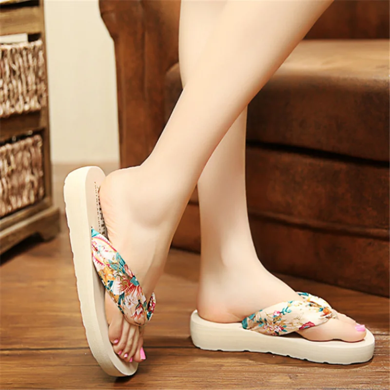 

Fashion Women Summer Satin Fabric Non-slip EVA Wedge Flip Flops Beach Slippers Flip Flops, As the picture display