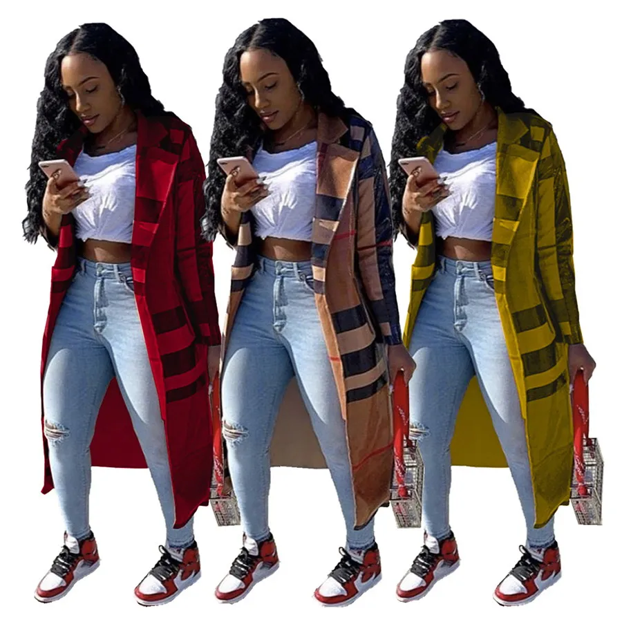 

Foma MN8326 Hot selling fall women casual clothing ladies popular plaid print lapel trench jacket autumn winter long coat, 3 colors