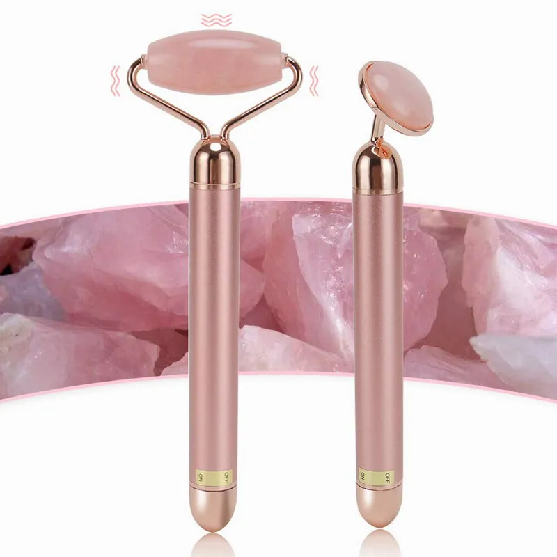 

2021 New Massage Device Vibrating Facial Roller & Face Massager Rose Quartz Skincare 2-in-1 Electric Jade Roller, Pink