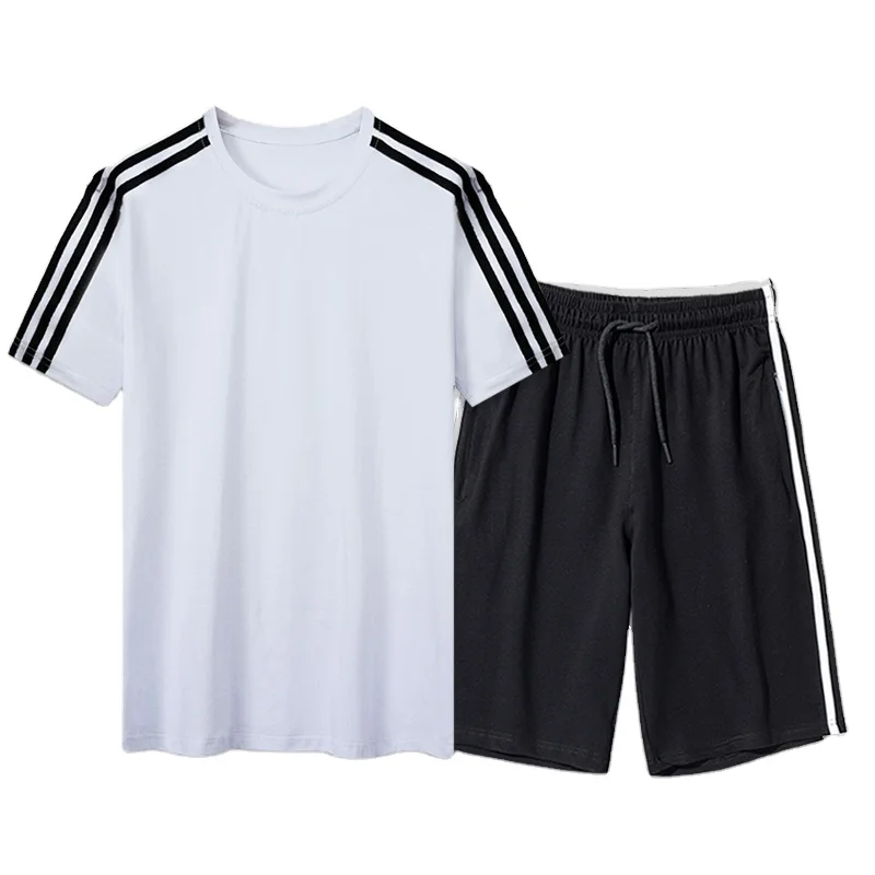 

Hot men's suit T-shirt shorts men's sports casual suit logo customized solid color three bars wholesale Two piece set