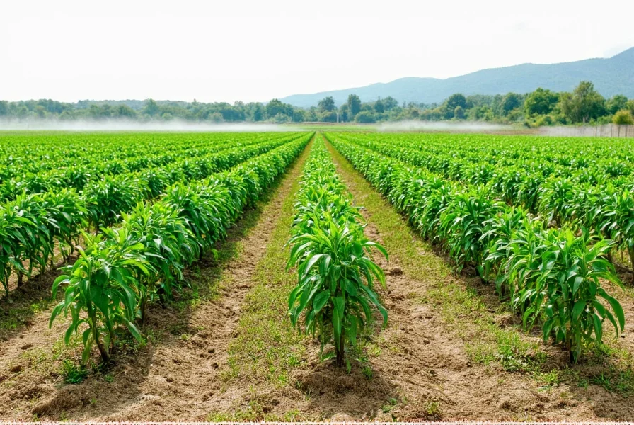 Pepper plants growing in well-prepared agricultural field with proper spacing and irrigation system