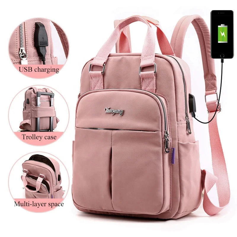 Waterproof Nylon Soft Handle Solid Multi Pocket Travel Zipper Usb Charging Laptop Women Canvas 2327