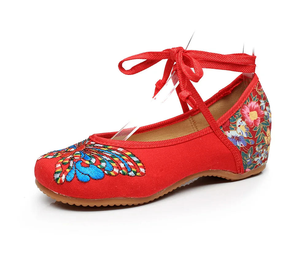 

SP902 shallow mouth lace-up beef tendon dance shoes low heel embroidered cloth shoes, Pictures shown