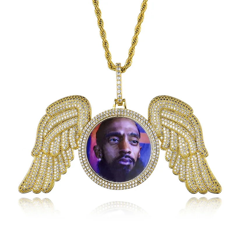 

Hip Hop Prong Set Cubic Zirconia Bling Iced Out Big Angel Wing Custom Photo Frame Pendants Necklaces for Men Rapper Jewelry, Silver/gold