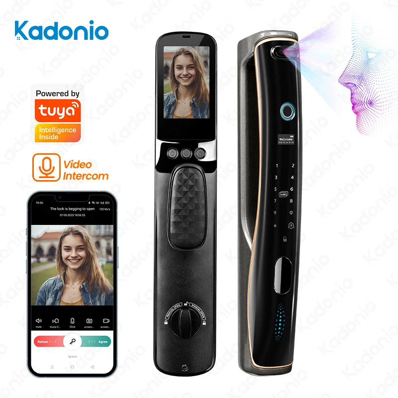 

Kadonio 3D Face Recognition ID Fingerprint Camera Viewer Remote Doorbell Key 7 Ways Unlock Tuya App Door Smart Lock With Camera