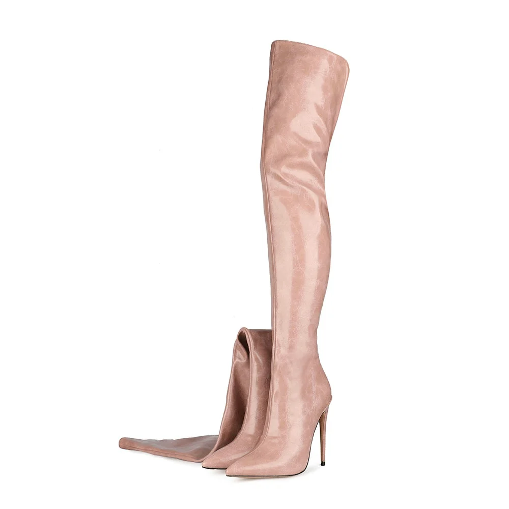 

Wholesales Private Label Women High Heels Long Boots Ladies Pointed Toe Pink Thigh High Boots