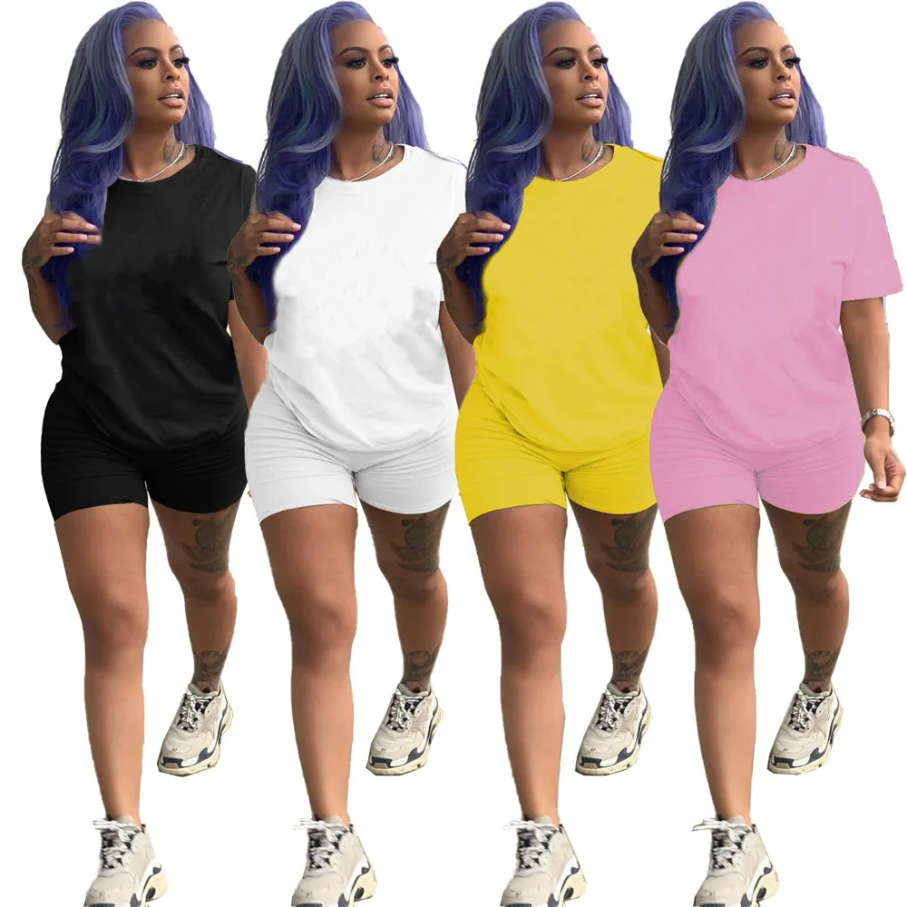 

2021 Summer Set Solid Color Casual Sports Jogger Shorts Elastic Waist Women Loose Shorts Pants Two Piece Short Set Women, Picture