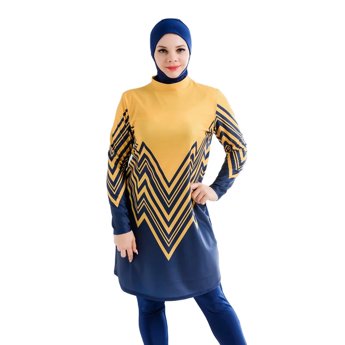 

MOTIVE FORCE 3pcs Digital Printing Islamic Swimsuit Swimwear Set For Muslim Woman Dark Blue And Yellow Burkini