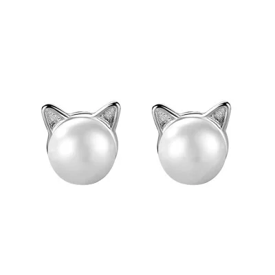 

Newest Girls Gifts Silver Plated Kitty Cat Pearl Earring Round Pearl Animal Cat Stud Earrings, White