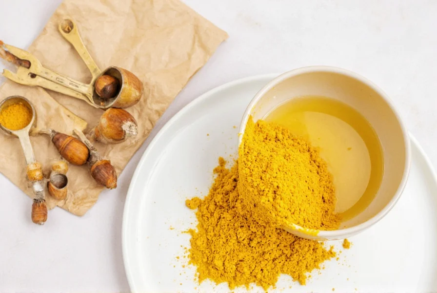 Golden turmeric powder mixed with coconut oil in a small bowl next to measuring spoons for canine supplementation