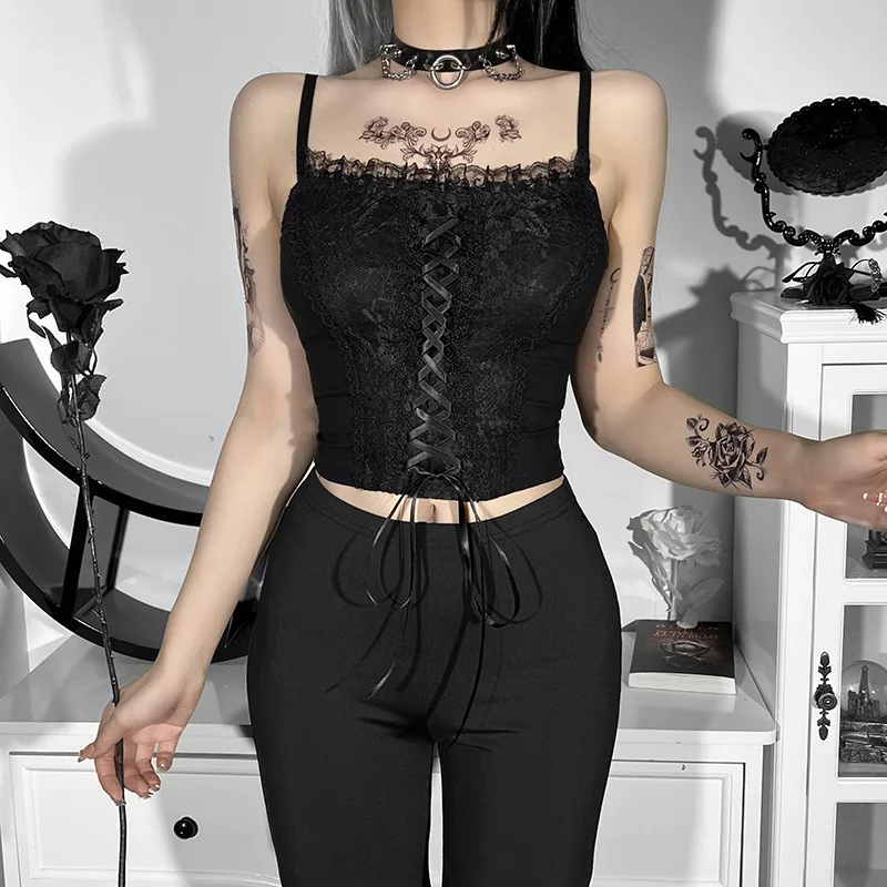 

Women Aesthetics Black Corset Camis Gothic Spaghetti Strap Backless Bodycon Lace Up Crop Tops Harajuku Summer Camisoles