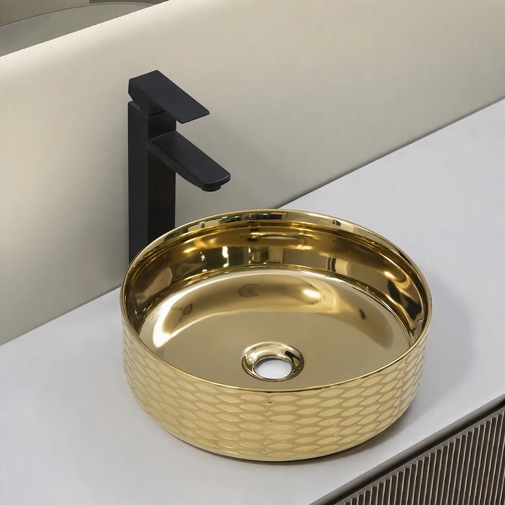 antique-gold-bathroom-sink-9514B-E-292-luxury-round-vessel-basin-full-pvd-mirror-gold-woven-guilloche-relief-matte-black-faucet