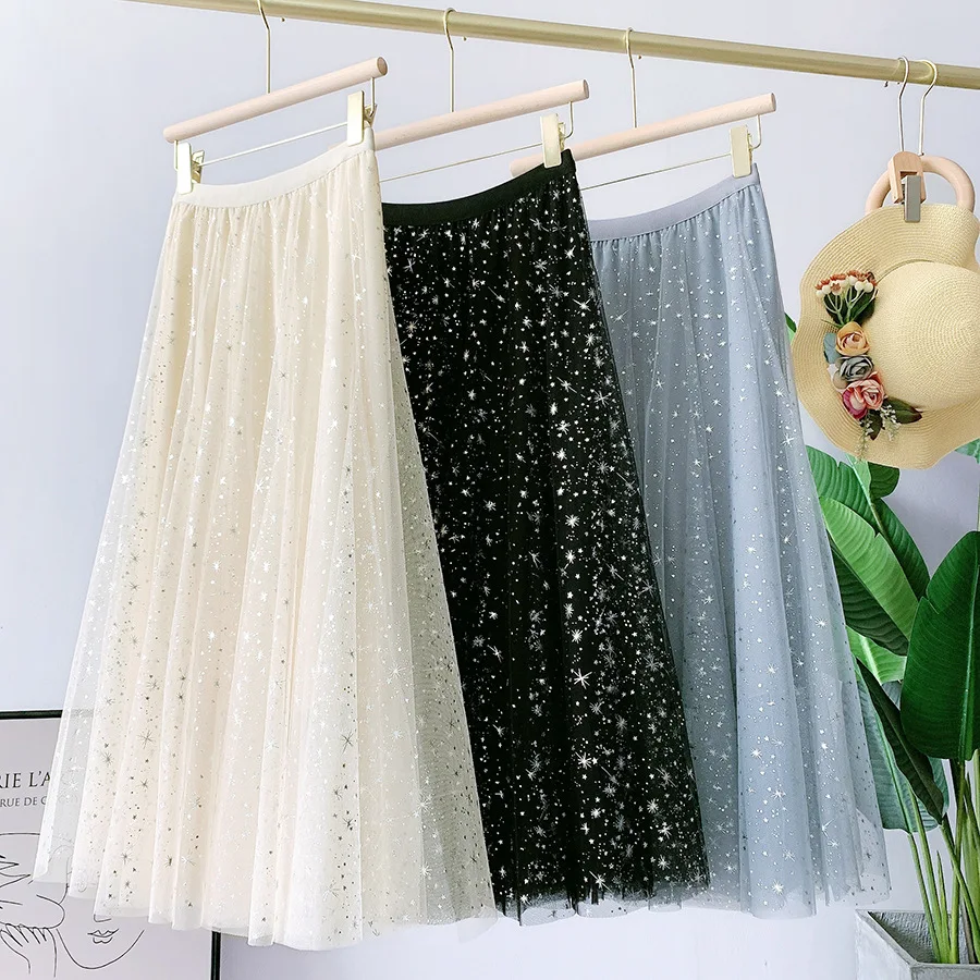 

Female 2021 Starry Sky Sparkling Mesh Tulle Long Skirt VD1693 Korean Style High Waist Black Grey Women Skirt faldas, Apricot black blue